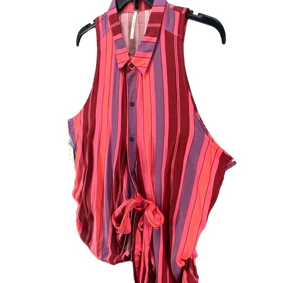 Free People Mackenzie Shirt Womens S Red Pink Striped Sleeveless Wrap Button Top - Picture 3 of 16